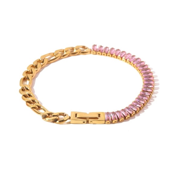 LOVEISH Jewelry - 18k Gold Plated Pink Full Cubic Zirconia Figaro Chain Bracelet